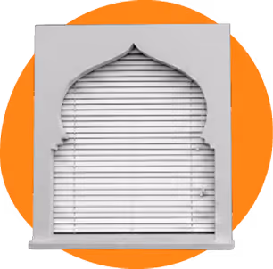 White window with a closed horizontal blind in a decorative arch frame against an orange circular background.